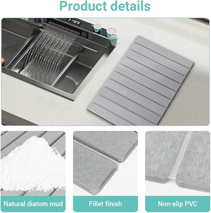 Large Stone Dish Drying Mat - Eco-friendly, Instant Drying, Diatomaceous Earth Mat, Foldable & Super Absorbent, 24"x16", Gray