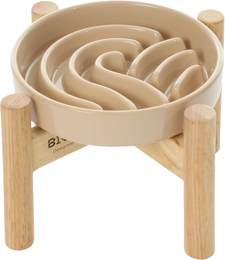 Ceramic Maze Dog Slow Feeder with Non-Slip Silicone Rim (& Bamboo Stand) – Heavy-Duty Stoneware Bowl with Puzzle Pattern for Bloating & Obesity Prevention (Raised-Apricot-M)