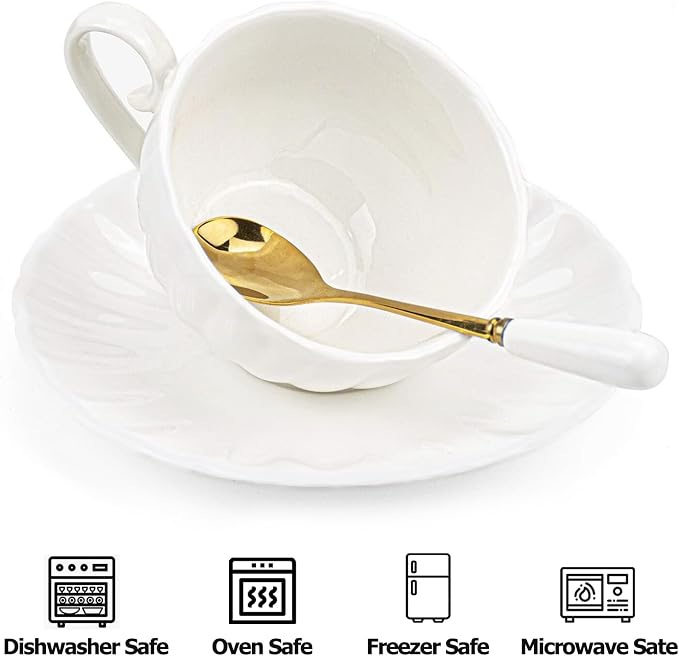 Yesland Set of 6 Royal Tea Cups and Saucers, 6 oz White Porcelain Tea Set & - Image 4
