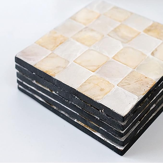 6 Pack Mother of Pearl Squre Coasters with Holder, Seashell Inlay Square Cup Holders with Organizer, Decorative Coasters Capiz Shell Trivet for Coffee Table, 4.8", I-lan