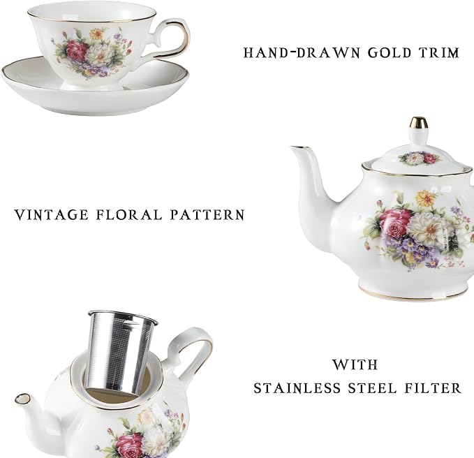 Sweejar Porcelain Tea Set Vintage Floral, British Relief Gold Rim Teapot Cup - Image 2
