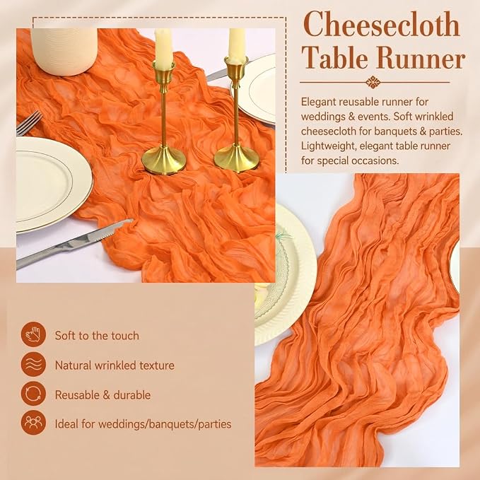 2 Pack Orange Cheesecloth Table Runner 17x108 Inch Boho Rustic Semi Sheer Gauze - Image 5