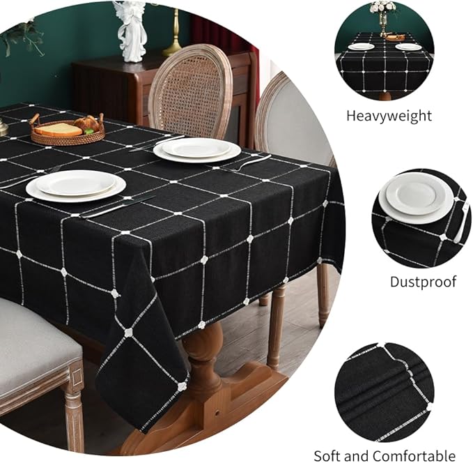 Zobesta Linen Tablecloth Black Table Cloth Rectangle Table 86 x 53 Inch, Heavy Weight Washable Farmhouse Soft Gingham Tablecloth for Party, Holiday, Picnic, Dining, Outdoor