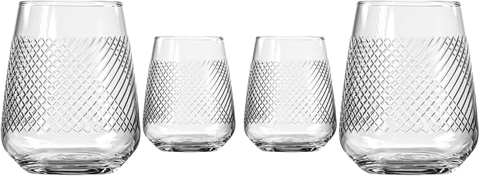 Rolf Glass Bourbon Street 15.75 Ounce Stemless Wine Glasses Set of 4 | Lead-Free Glass | Diamond-Wheel Engraved and Polished Tumbler Glassware | Modern Luxury Glassware