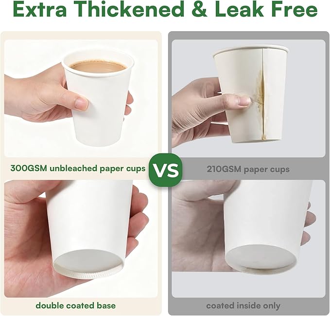 White Paper Cups 12 oz Disposable Coffee Cups, 1000 Pack BPA Free Leak Proof Hot Cups,300GSM Thickened Disposable Cups,Unbleached Hot Cold Drink Cups for Everyday Home Office Coffee Bar Party Supplies