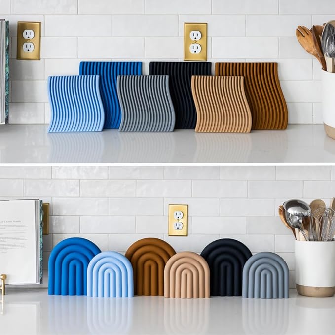 Premium Silicone Trivet Set, Freestanding Bendable Design, Kitchen Decor - Durable & Stylish Heat-Resistant Countertop Protector (Monochrome, Set, Wave)