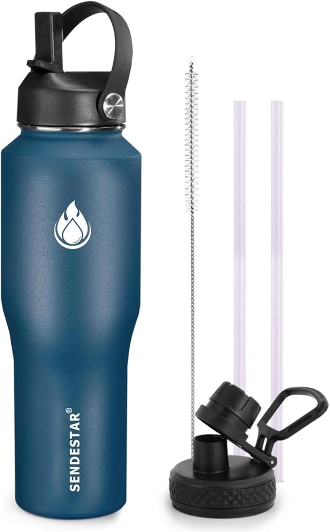 SENDESTAR Water Bottle 32oz, 2 Lids, Wide Mouth Stainless Steel Vacuum by Sendestar