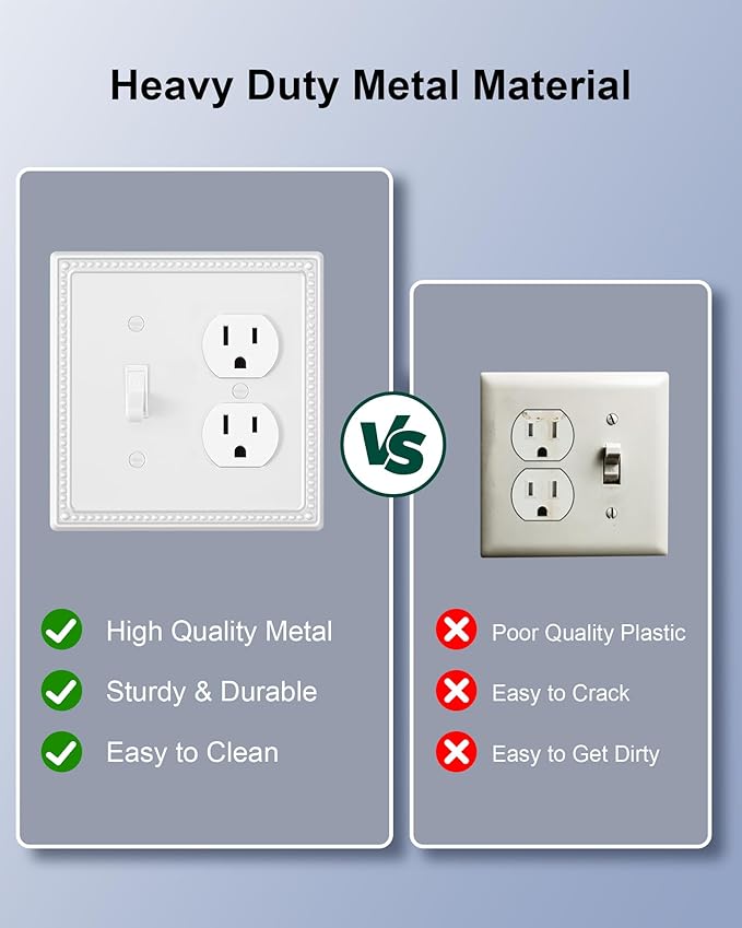 2-Pack Combo Toggle/Duplex Light Switch Cover Plate, Pure White Metal Wall Outlet Cover Plate, Decorative Classic Beaded Wall Socket Receptacle Cover for Electrical Outlets, Light Switch