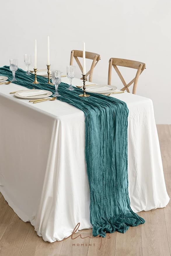 Ling's Moment Teal Blue Cheesecloth Table Runner, 168 Inch 14FT | Boho Gauze - Image 2