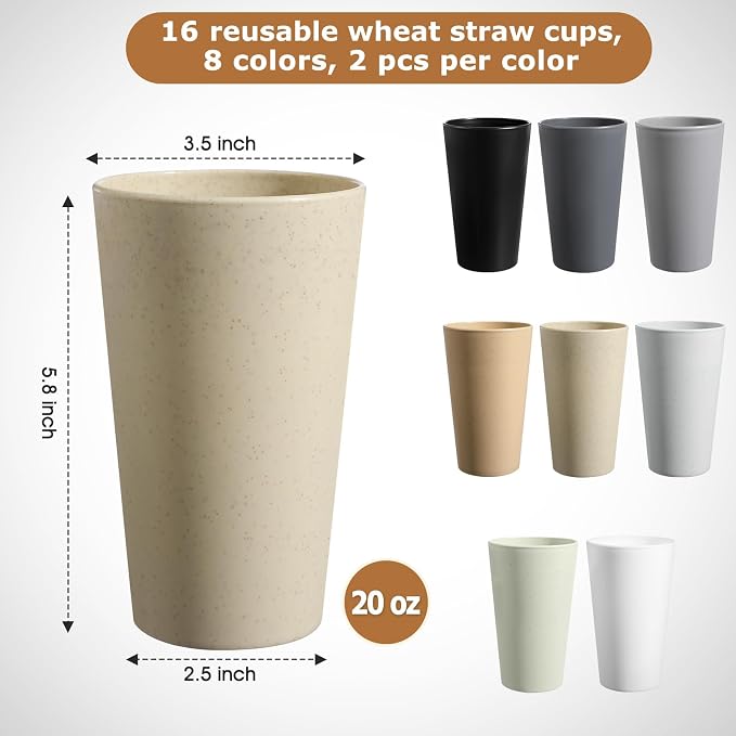 HEYCOME Set of 16 Wheat Straw Cups, Reusable Plastic Cups Sets, Water Glasses - Image 2