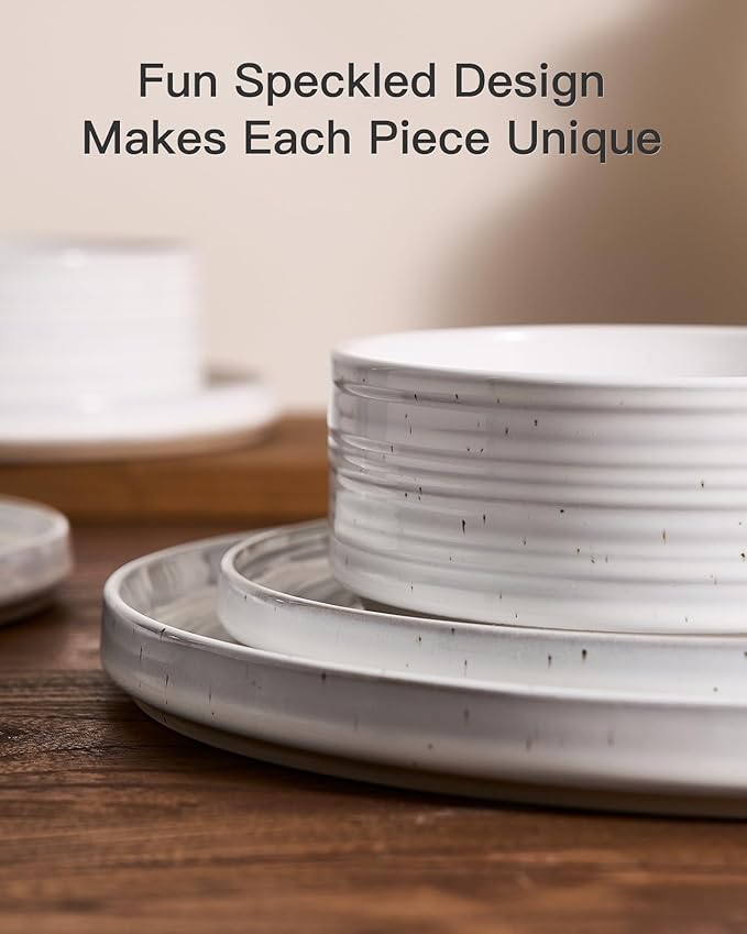 Plates and Bowls Sets for 6 (18-Piece) Stoneware Reactive Glaze Dinnerware with Speckles & Spirals, Chip and Scratch Resistant Straight Dishes Set with Gift Box, Microwave Dishwasher Safe, White