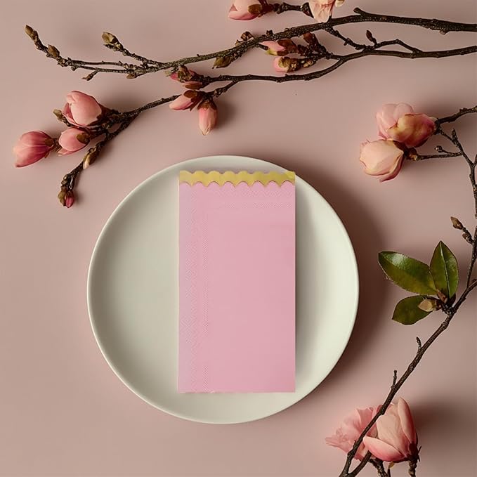 100 pack Pink Cocktail Napkins with Gold Foil Accents Scalloped Edges 4 x 8 inch Beverage Disposable Napkin Party Decoration Wedding Bridal and Baby Shower Dinner Lunch Supplies (Pink Mix)