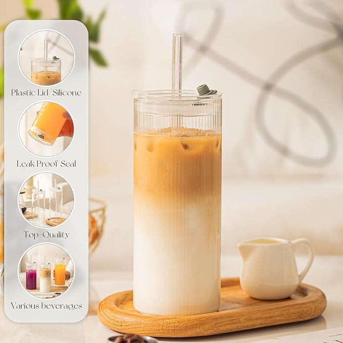 KEMORELA 6-Pack 18oz Large Round Glass Cups with Lids & Straws – Clear Tumblers for Iced Coffee, Juice, Smoothies – Reusable, Leakproof Beverage Set