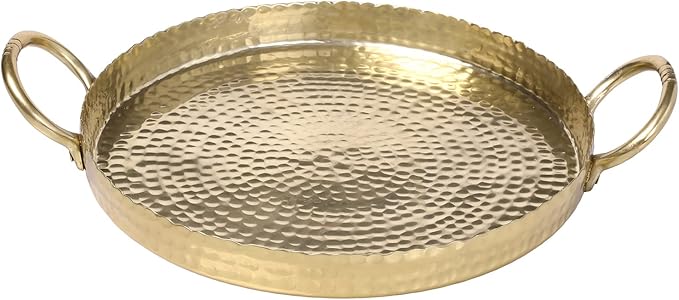 MyGift 12-inch Brass Metal Round Decorative Tray with Handcrafted Hammered Design, Large Centerpiece Display Serving Tray - Handmade in India