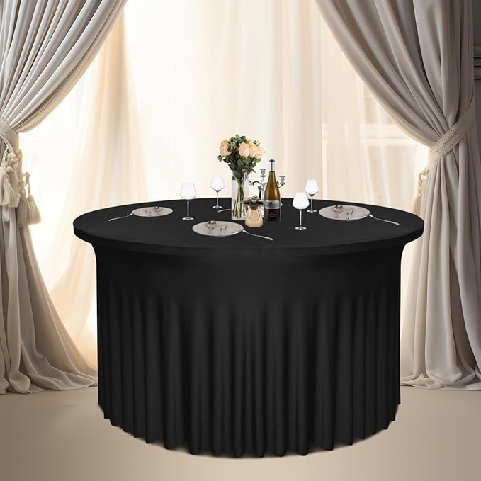 2 Pack Black Round Table Skirt, 60 Inch Diameter x 30 Inch Height, Stretch Polyester Spandex Tablecloth for 5ft Round Tables, Stain & Wrinkle Resistant for Wedding, Party, Banquet Decor