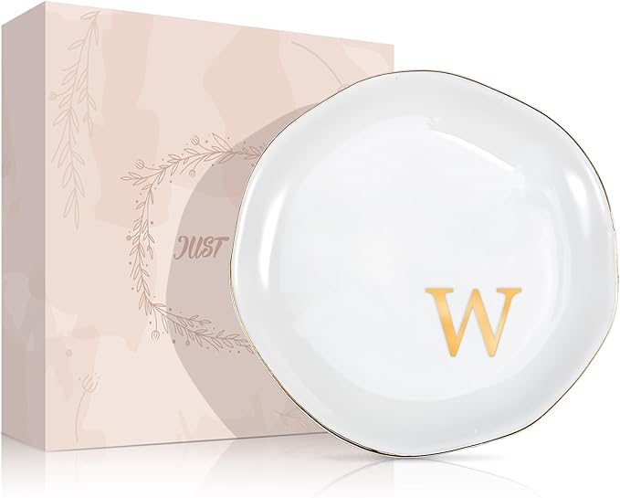ProCase Ceramic Jewelry Tray, Initial Ring Dish Trinket Plate Engagement Gift, Small Personalized Monogram Ring Bowl for Wedding, White Decorative Jewelry Holder for Women Vanity -Letter W
