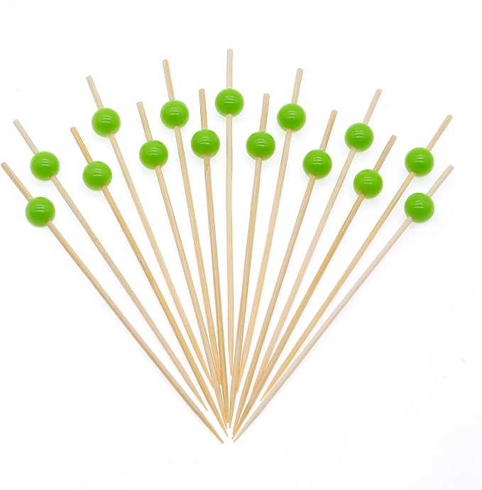 Minisland Grass Green Pearl Cocktail Picks, 4.7 Inch Long Bamboo Fancy Toothpicks for Appetizers, Decorative Spring Summer Holiday Party Food Drink Garnish Fruit Kabob Skewer Sticks 100 Counts -MSL453