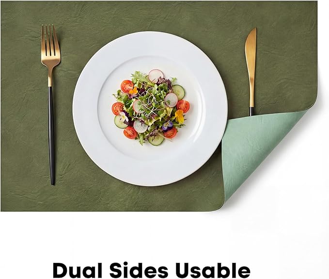 Artoid Mode Olive Green Faux Leather Placemats Set of 6, 12x18 Inch Waterproof Wipeable Heat Resistant Vinyl Place Mats, Reversible Table Mats for Kitchen Dining Decor