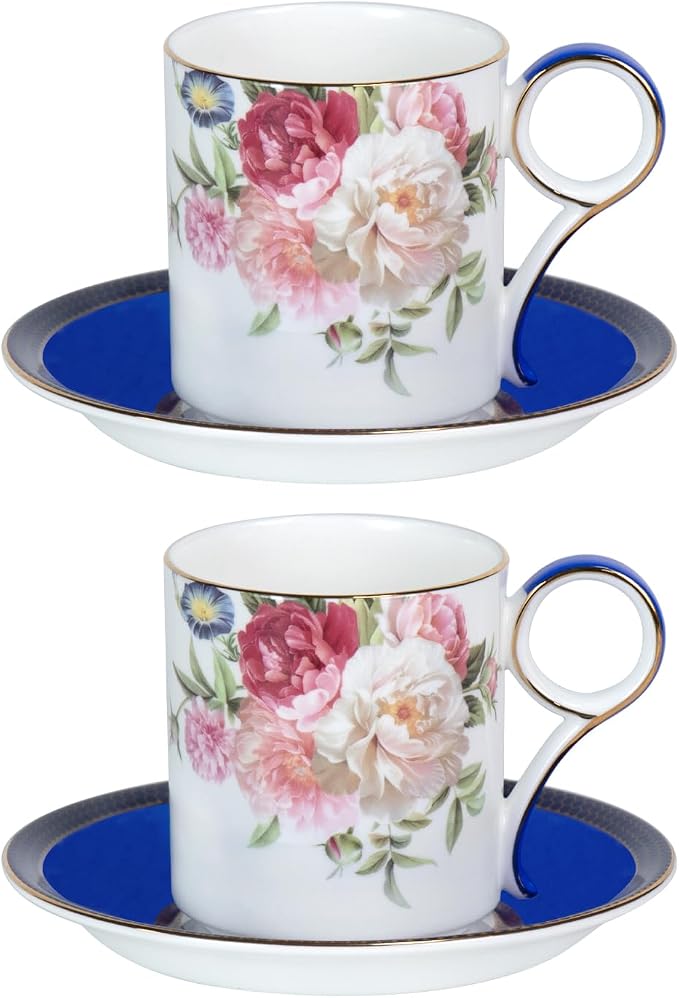 KAMMAK Tea Cups and Saucers Set of 2, Porcelain Coffee Cups, JBE015 | Stackable by KAMMAK