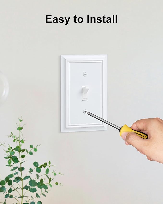 6-Pack Single Toggle Light Switch Cover Plate, Durable Natural Bamboo Fiber Decorative Switch Plate Covers, Pure White 1 Gang Wall Plate, Corrosion Resistant