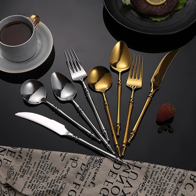 Gold Silverware Set for 6 Premium 18/10 Stainless Steel Flatware Set 24 Piece Include Knives Forks and Spoons Cutlery Utensils Light Luxury Vintage Style for Home Kitchen Christmas Restaurant
