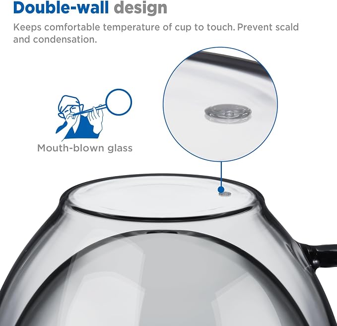 ecooe Black Double Walled Glass Coffee Mug 12 oz Latte Cappuccino Cups Set of 2 - Image 4