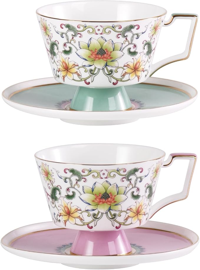 KAMMAK Ceramic Coffee Cups Saucers Set of 2, Porcelain Espresso Cups by KAMMAK