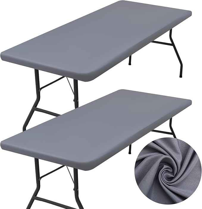 homing 2 Pack Rectangle Table Cloth, Elastic Fitted Fabric Tablecloth Fits for 6 Foot Folding Tables, Washable Table Cover for Picnic, Camping, Indoor & Outdoor (Grey, 30" x 72")