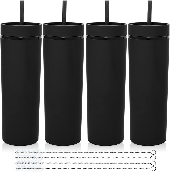 Volhoply 20oz Plastic Skinny Tumblers Bulk 4 Pack,Double Wall Tumbler with Lid and Straw,Reusable Travel Iced Coffee Mug,BPA Free Matte Acrylic Water Cups With Straw for Party,DIY Gifts(Black,4 Set)