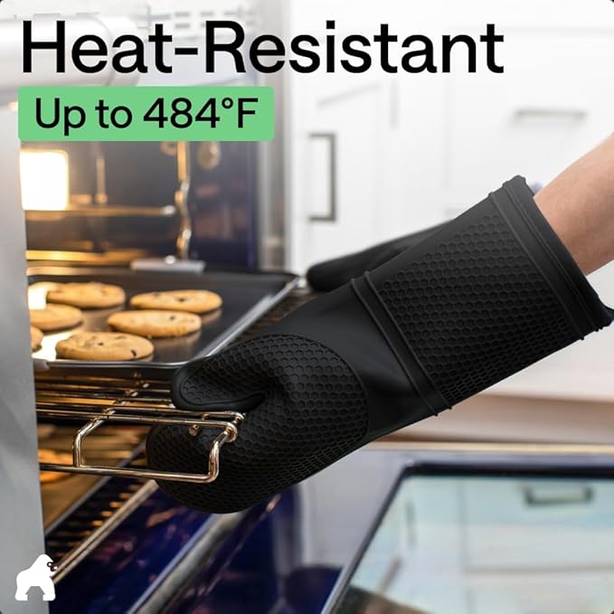 GORILLA GRIP BPA-Free Soft Silicone Oven Mitts, 14.5x8.3, Heat Resistant and Waterproof Cooking Gloves, Thick Cotton Lining, Flexible Gripping for Baking Grilling, Kitchen Potholders Set of 2, Black