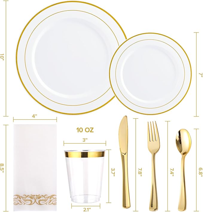 FOCUSLINE 350 Ct Disposable Dinnerware Set for 50 Guests -Heavy Duty Plastic Plates with Gold Rim, Includes 50 Dinner & Salad Plates, Cups, Napkins, Cutlery Set