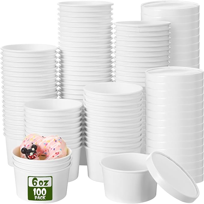 Fulmoon 100 Pack Paper Soup Containers with Lids Disposable Paper Food Containers with Vented Lid Kraft Ice Cream Cake Dessert Cups Soup Bowl for Party Hot Food Fruit Microwave(6 oz,White)