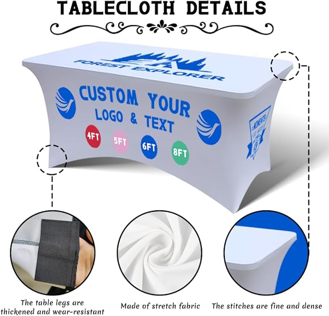 Personalized Table Cloth with Logo Image Customized Tablecloth 4FT/5FT/6FT/8FT Spandex Customized Table Cover Promotional Business Tradeshow Events Birthday Party Wedding (8FT Spandex(Closed back))