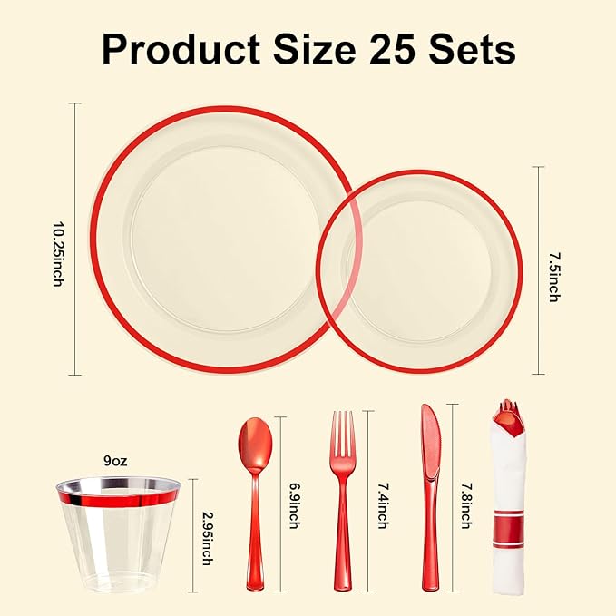 BESTSTAR 175PCS Clear and Red Disposable Plates Set for 25 Guests, 50 Plastic Plates, 25 Cups, 25 Pre-Rolled Napkins with Plastic Cutlery for Party, Birthday, Thanksgiving, Halloween, Christmas