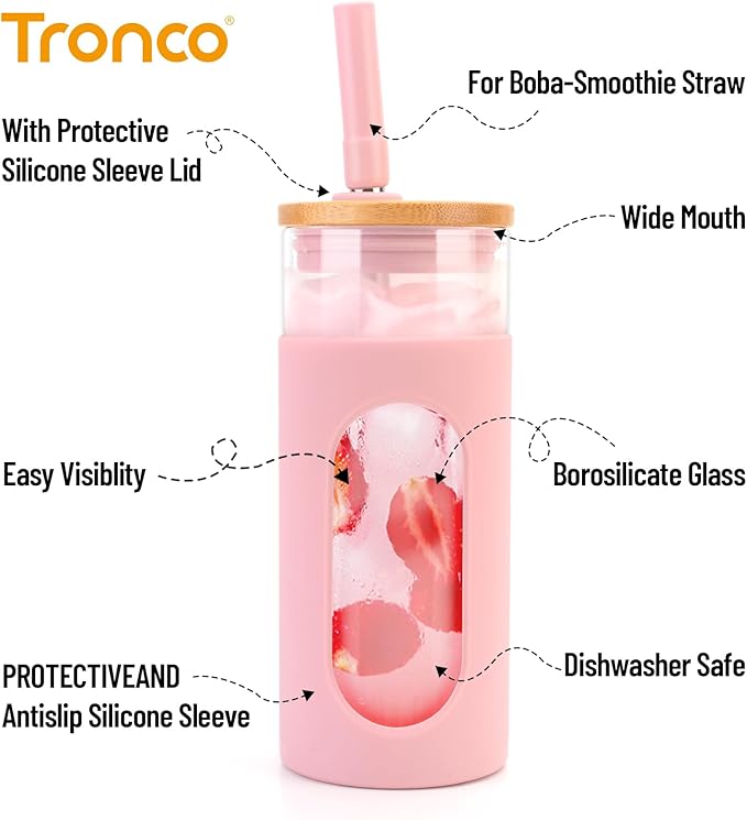 Tronco 20oz Glass Tumbler with Bamboo Lid and Straw, Reusable Iced Coffee Cup for Boba Tea, Smoothies & Cold Drinks, Spill-Proof Glass Cup with Silicone Sleeve, Dishwasher Safe, BPA-Free (Pack of 2)