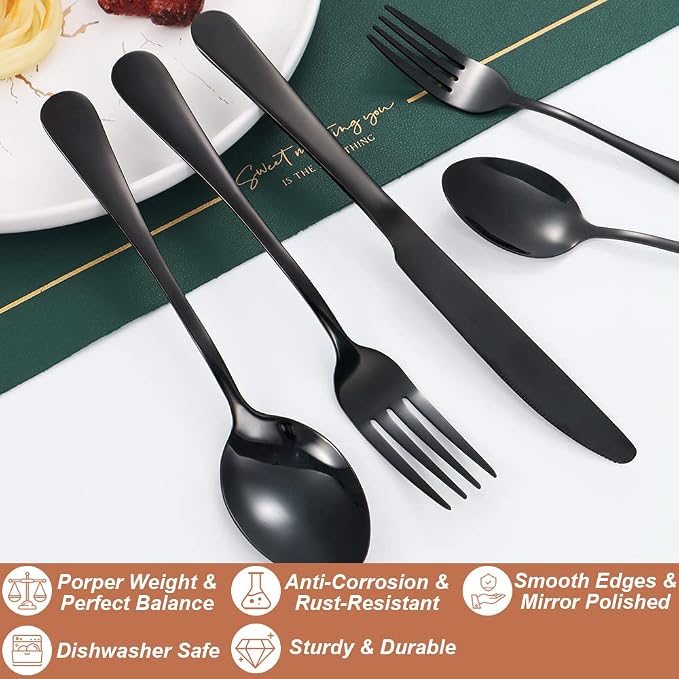 30 Pcs Black Silverware Set for 6, Food Grade Stainless Steel Flatware Set - Image 3