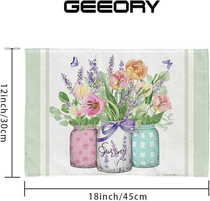GEEORY Flowers Mason Jar Spring Placemats 12x18 Inch Set of 4 Green Summer Table mats Farmhouse Rustic Holiday Kitchen Dining Decoration for Indoor Outdoor Dinner Party Décor