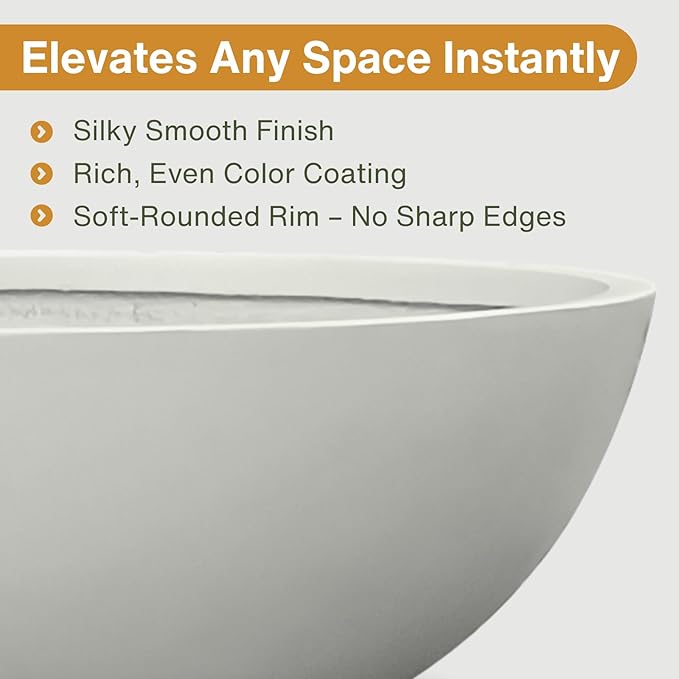 7.7" H x 22" D Round Bowl Fiberstone Planter for Succulent and Lotus with Drainage Hole, Smooth Finishes, Weather Resistant, Included 2 Extra Coco Mats (Light Gray, 19.9" Pot Opening)