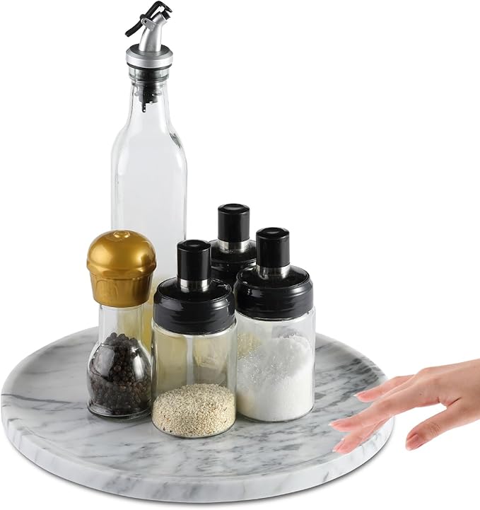 Koville Italian Natural Marble Lazy Susan, Round Marble Turntable Organizer for Spices, Rotating Cheese Board for Dining Table Display, Kitchen Countertop Spinning Serving Tray-Arabescato(White)