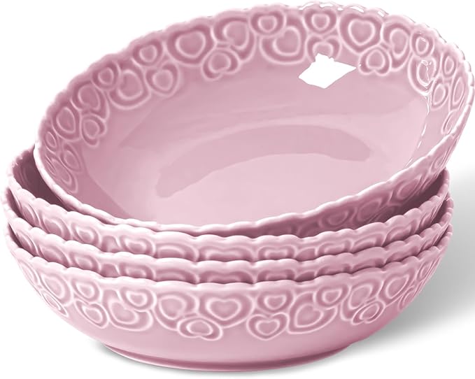 HOMBENE Heartbeat Pasta Bowls Set of 4, 28oz Salad Bowls Soup Bowl for Kitchen, Porcelain Wide and Shallow, Noodle, Soup, Pasta,Dinner, Microwave & Dishwasher Safe (Dreamy Sakura Pink)