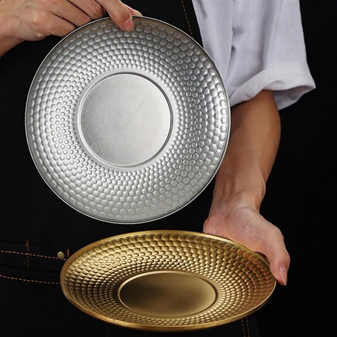Sosoport Vintage Stainless Steel Fruit Serving Tray round Textured Dinner Plate Outdoor Camping Snack Platter Sturdy Gold Fruit Plates for Picnic and Party Use