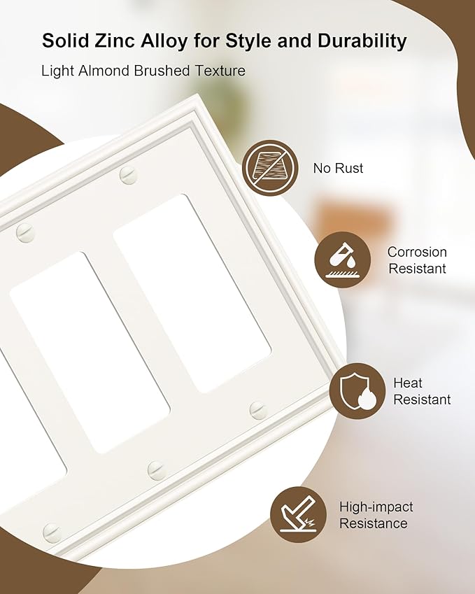 2-Pack Tripple Decorator Outlet Cover Plate, Durable Zinc Alloy 3 Gang Wall Plate, Light Almond Decorative Switch Plates and Outlet Covers, Corrosion Resistant