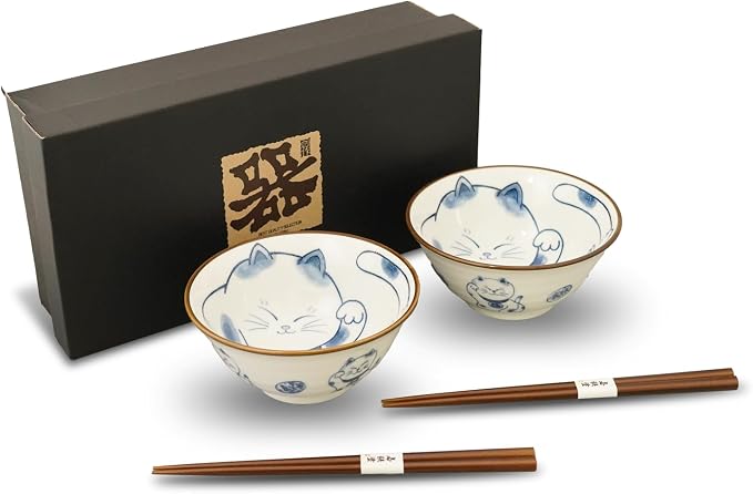 Mino Ware Cat-Design Rice Bowl & Wakasa-Nuri Wooden Chopsticks Pair Set by COTONOHA