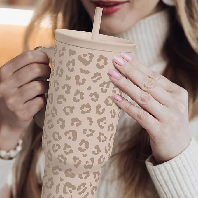 SANDJEST Leopard Tumbler with Handle, Insulated Cup Stainless Steel Travel Mug - Image 7