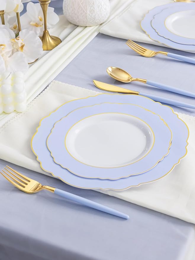 WDF 60pcs Blue Plates Disposable With Gold Rim - Baroque Baby Blue Plastic Party Plates for Wedding/Party/Baby Shower