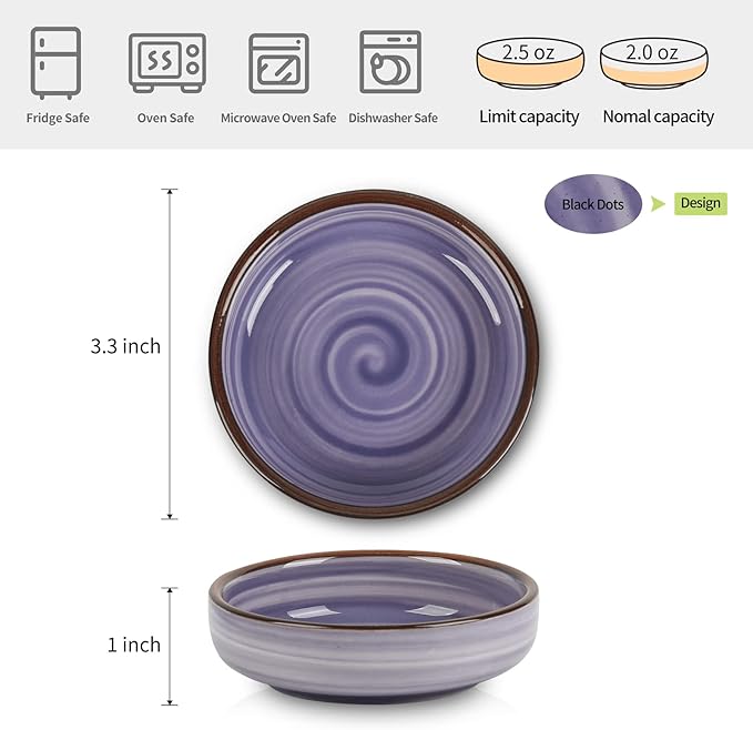 Selamica Ceramic 2.5 OZ Soy Sauce Dish Dipping Bowls Set of 6, 3.3 Inch Small Side Dish Pinch Bowls, Mini Bowls for Condiment, Ketchup, BBQ, Sushi, Gradient Blue