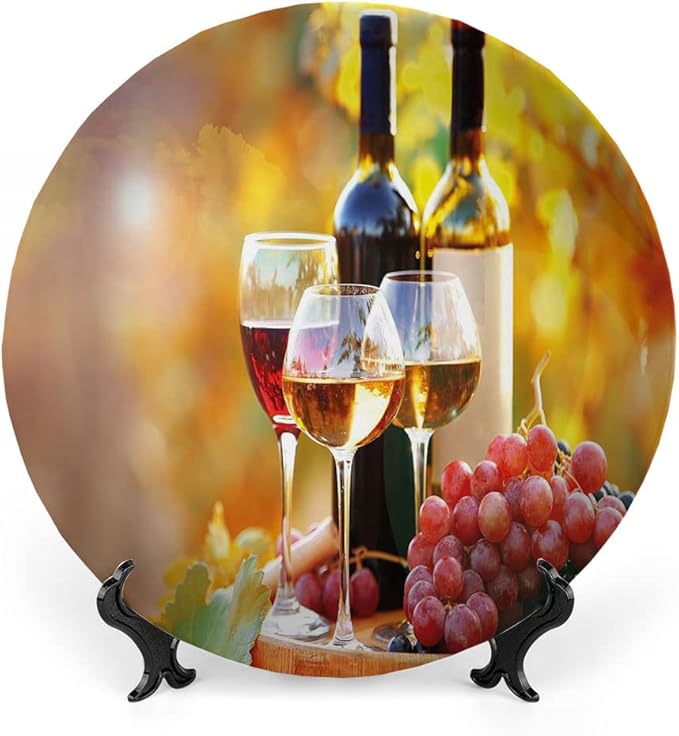 Ceramic Plates, Wine Decorative Ceramic Plates, Tasty Wine on Wooden Barrel on Grape Plantation, 7 Inch, for Dining, Parties, Wedding, Orange Red Black