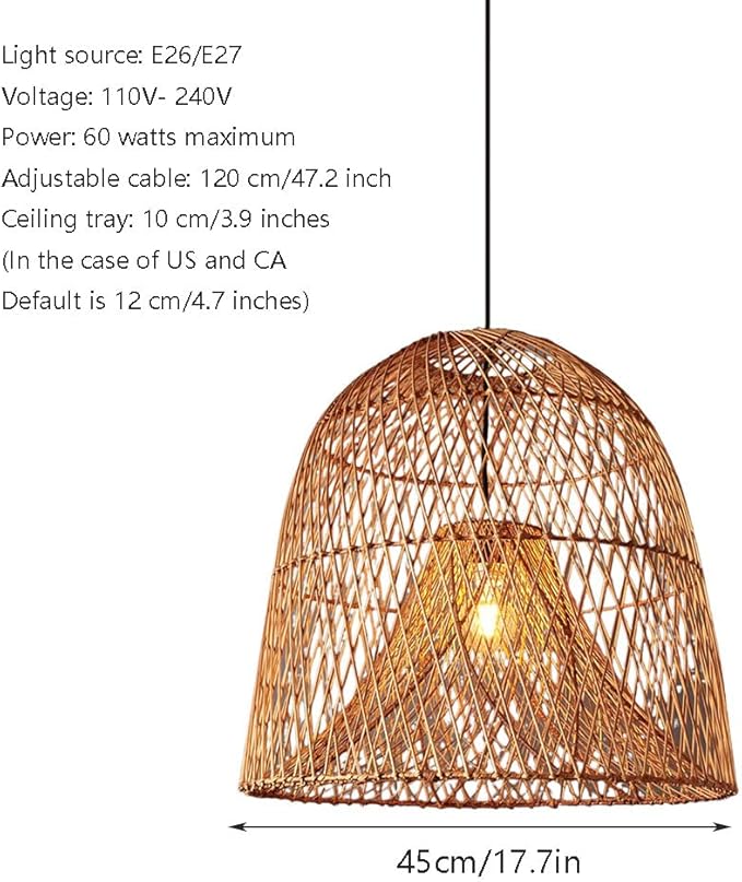17.7" Hollow Rattan Hanging Lights Woven Wicker Lamp Shade French Romance Decor Pendant Light Bamboo Ceiling Pendant Fixture for Dining Room Living Room Restaurant Bar