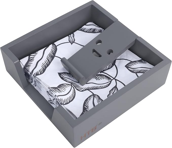 Bamboo Flat Napkin Holder with Weighted Arm Decorative Napkin Tray Dispenser for Table Kitchen Bathroom Dinning (grey)