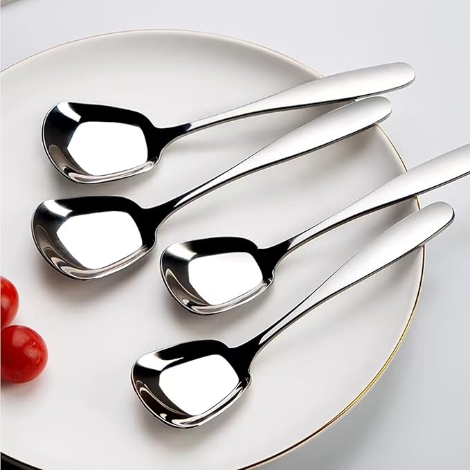 Square Head Soup Spoons, Korean Style Thick Heavy Square Dessert Spoon,Long Handled Stainless Steel Soup Spoons Table Spoons Flat Spoon,Set of 8,7 Inches.